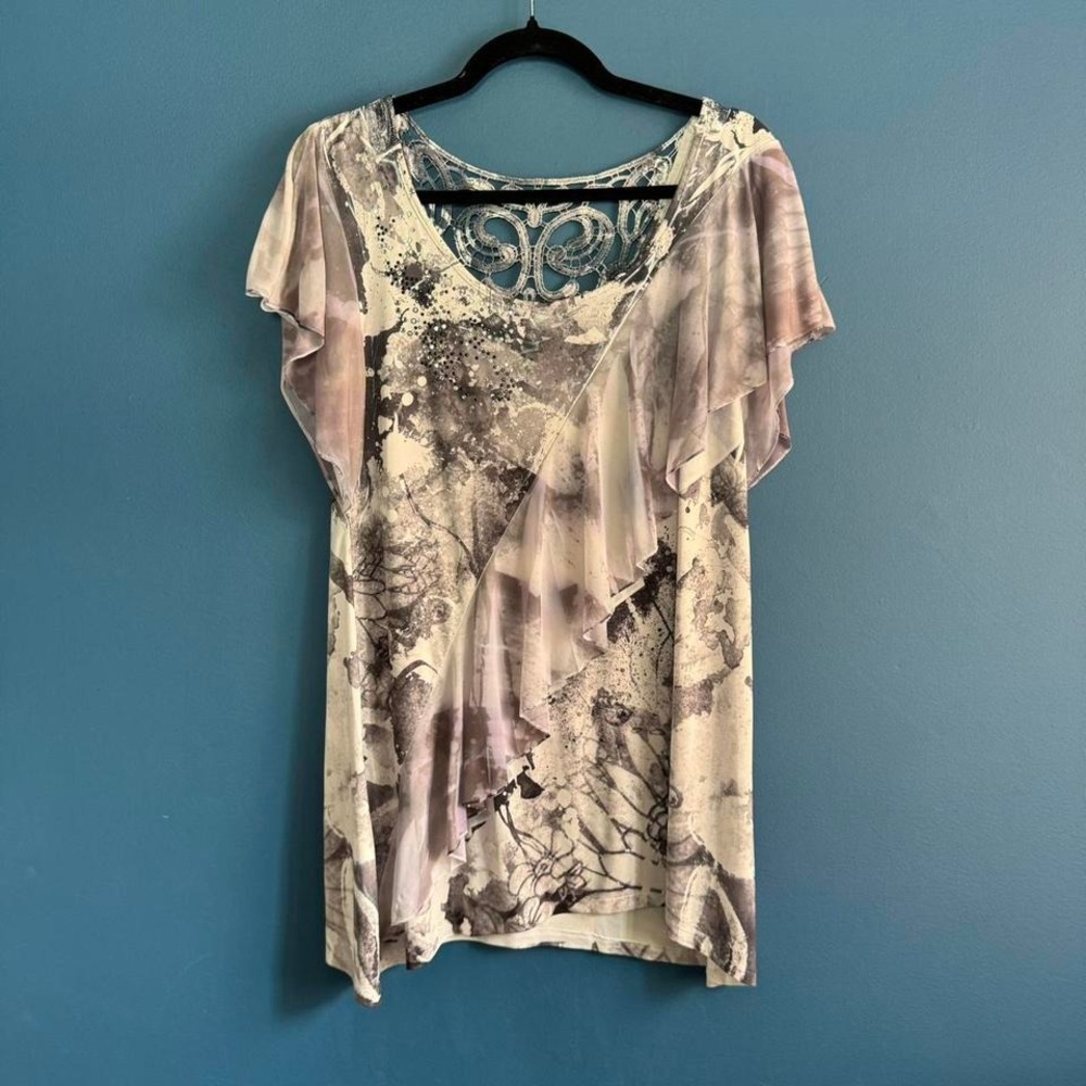 Y2K Ruffle Tunic Women's Size Medium Style‎ & Co. Gray White Lace Boho Indie